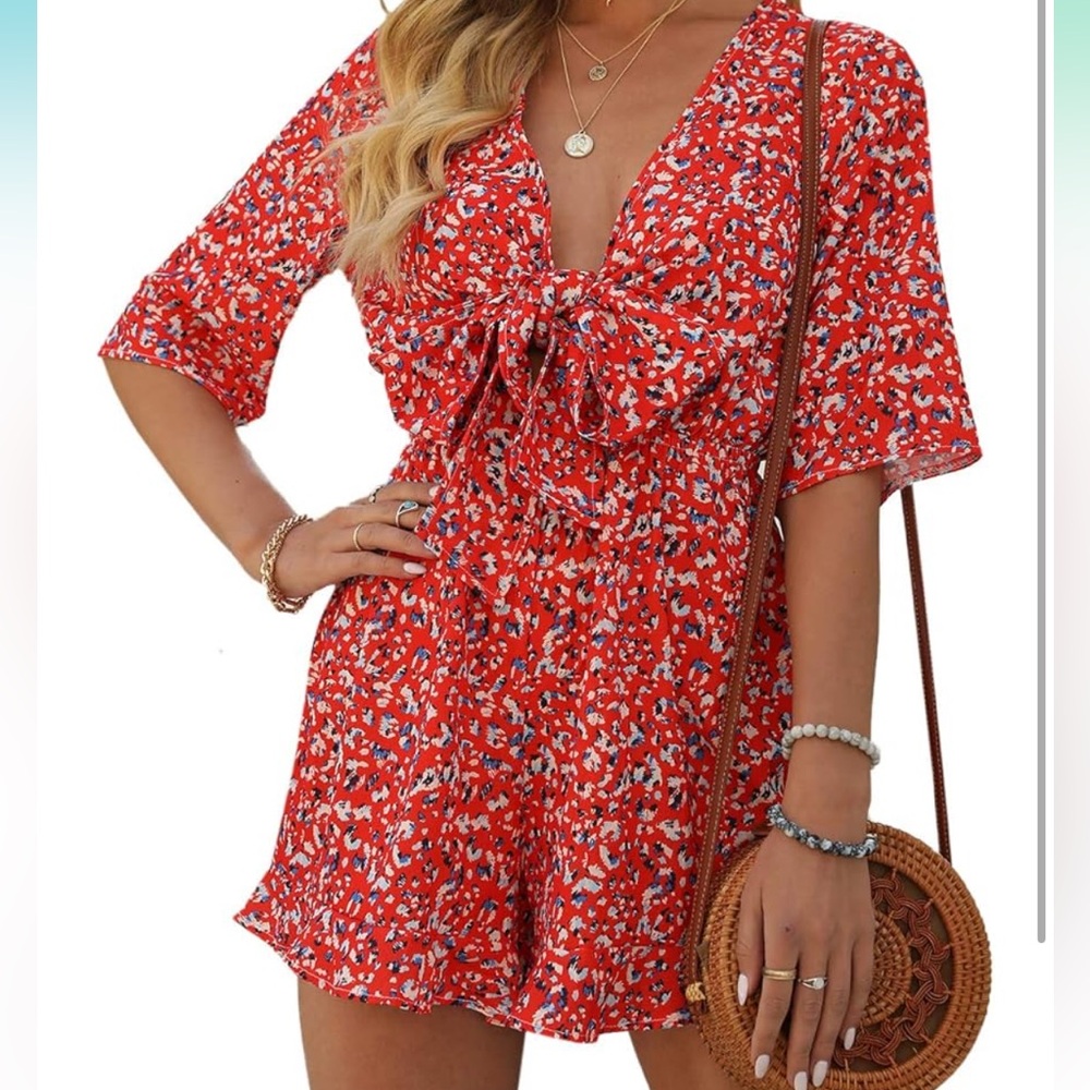 Red Floral Tie-Front Romper - XL